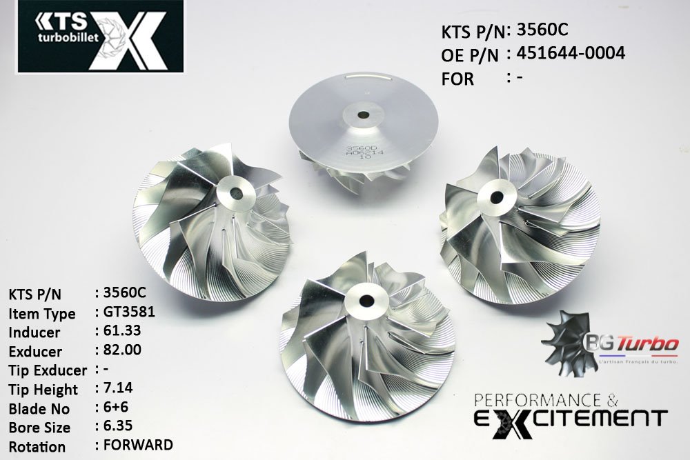 Turbo ROUE FORGÉE MFS PERFORMANCE - 6+6 PALES - INDUCER : 61,33 - EXDUCER : 82 - TYPE : GT3582ANGLE : 50° - ROTATION : Forward - SUPER BACK : 2,3497 - BORE SIZE : 6,35
